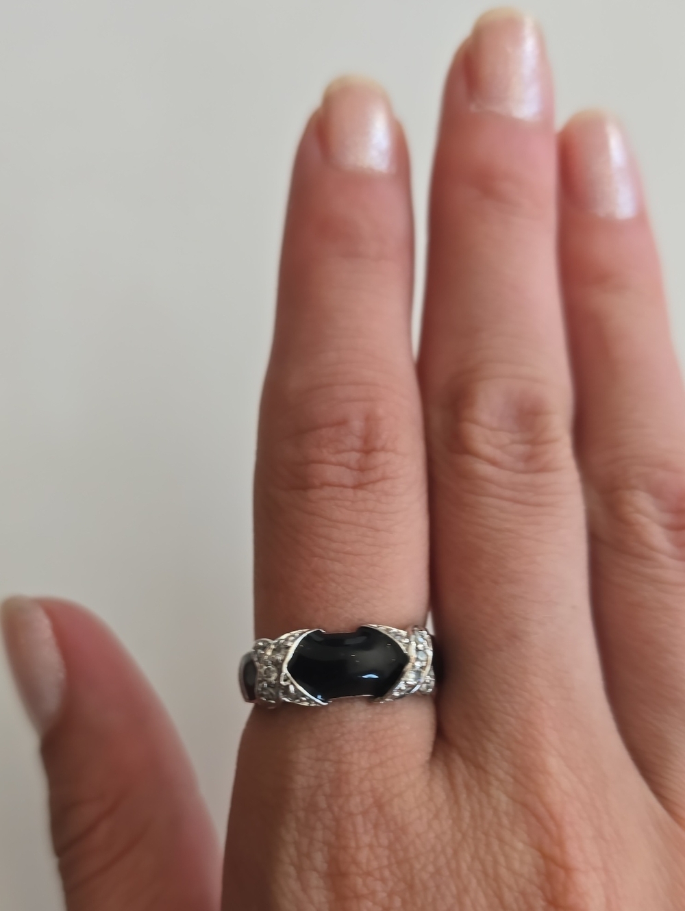 VTG Silver, Black Enamel & Rhinestone Ring Size 7